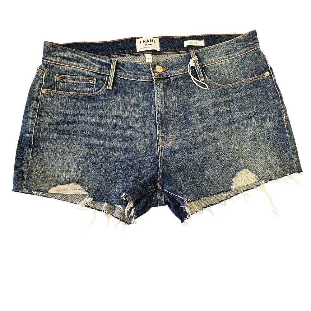 Frame Denim Le Cutoff Jean Shorts Women Sz 33 High Rise Distressed Med Wash NEW